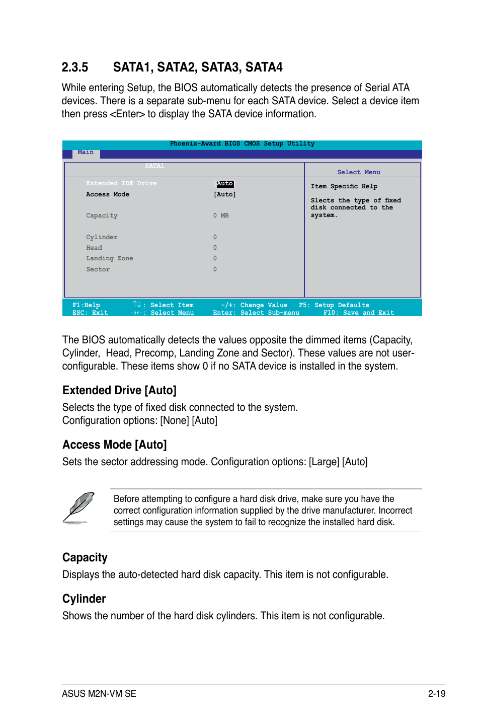 Sata1,.sata2,.sata3,.sata4, Extended.drive.[auto, Access.mode.[auto | Capacity, Cylinder | Asus M2N-VM SE User Manual | Page 67 / 102