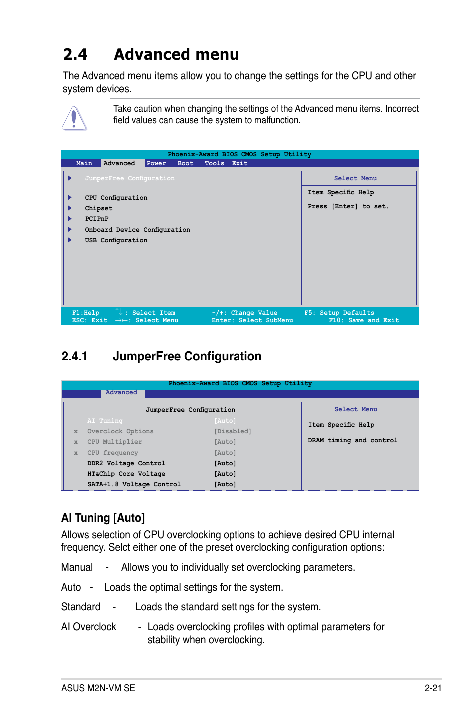 4 advanced menu, 1 jumperfree configuration, Ai.tuning.[auto | Asus M2N-VM SE User Manual | Page 69 / 102