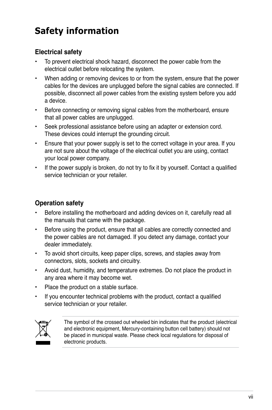 Safety information | Asus M2N-VM SE User Manual | Page 7 / 102