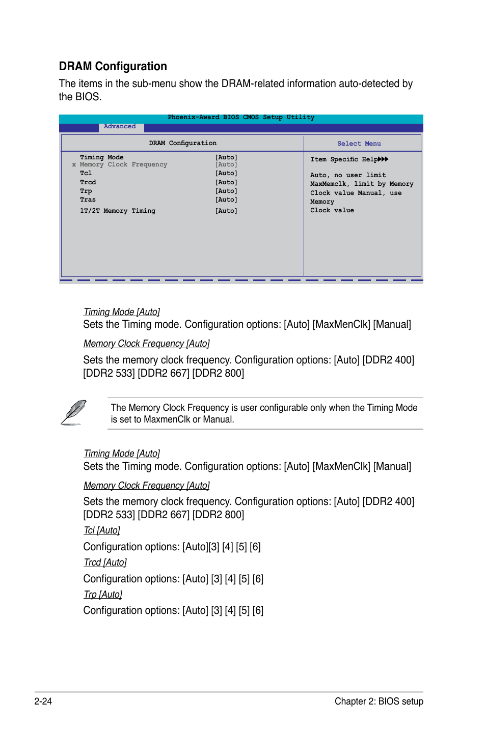Dram configuration, Configuration options: [auto][3] [4] [5] [6, Configuration options: [auto] [3] [4] [5] [6 | Asus M2N-VM SE User Manual | Page 72 / 102