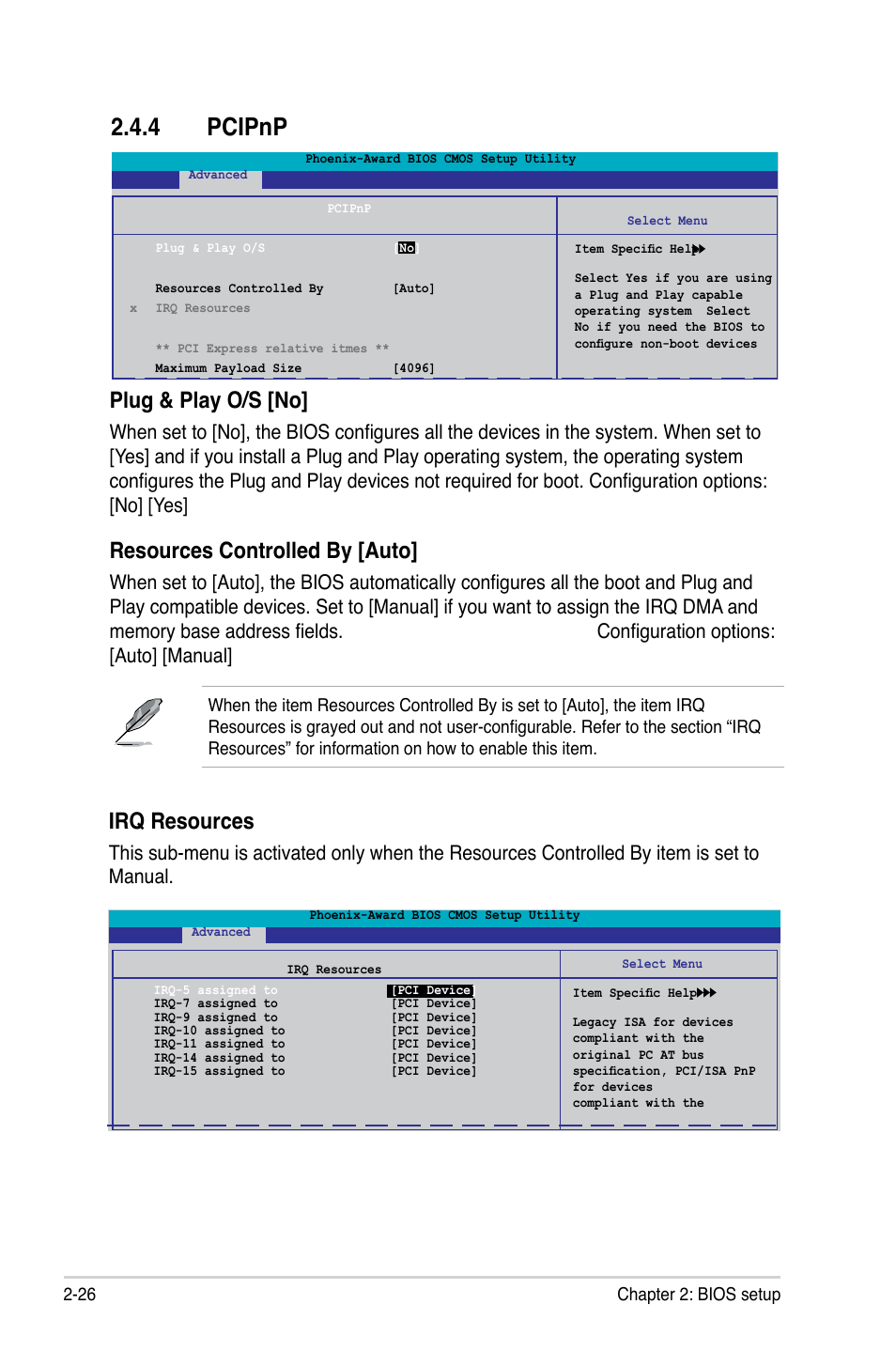 Pcipnp, Plug.&.play.o/s.[no, Resources.controlled.by.[auto | Irq.resources | Asus M2N-VM SE User Manual | Page 74 / 102
