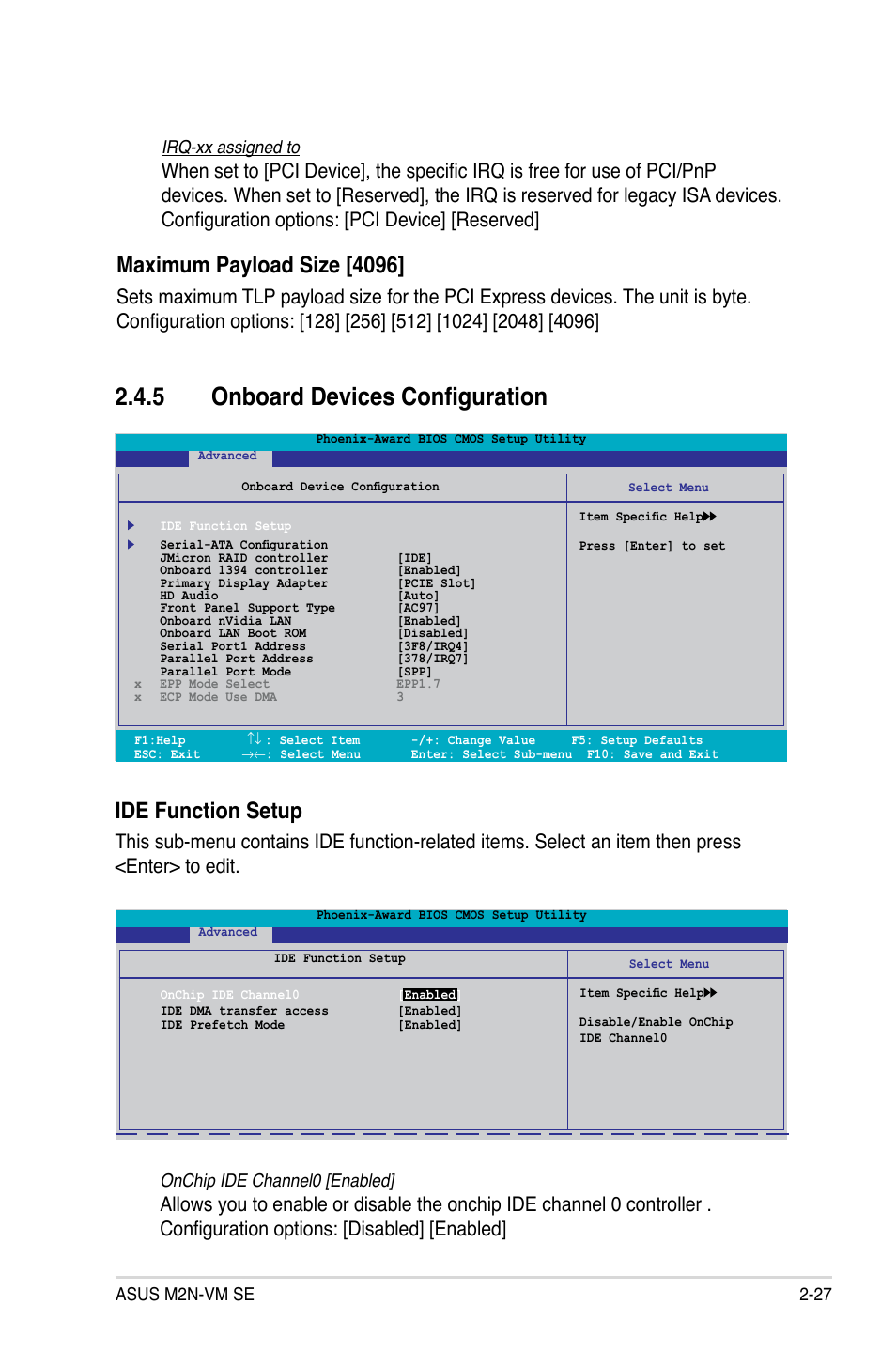 5 onboard devices configuration, Maximum.payload.size.[4096, Ide.function.setup | Asus m2n-vm se 2-27 irq-xx assigned to, Onchip ide channel0 [enabled | Asus M2N-VM SE User Manual | Page 75 / 102