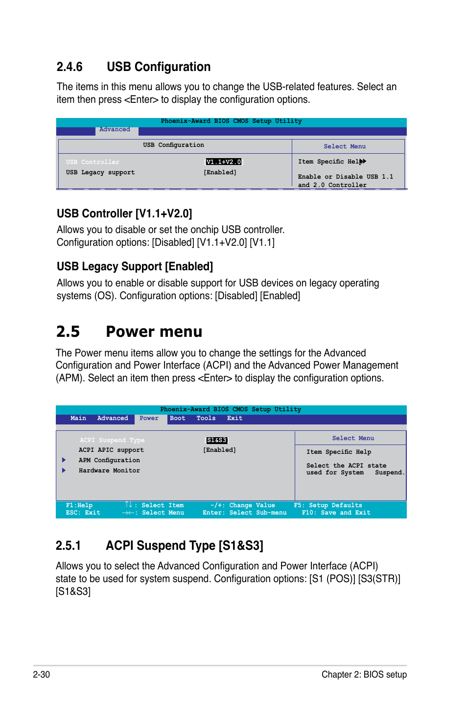 5 power menu, Acpi.suspend.type.[s1&s3, 6 usb configuration | Usb.controller.[v1.1+v2.0, Usb.legacy.support.[enabled | Asus M2N-VM SE User Manual | Page 78 / 102