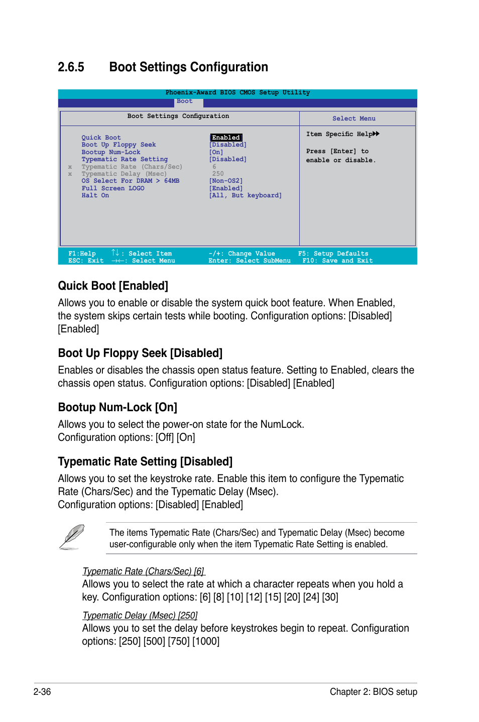 5 boot settings configuration, Quick.boot.[enabled, Boot.up.floppy.seek.[disabled | Bootup.num-lock.[on, Typematic.rate.setting.[disabled | Asus M2N-VM SE User Manual | Page 84 / 102