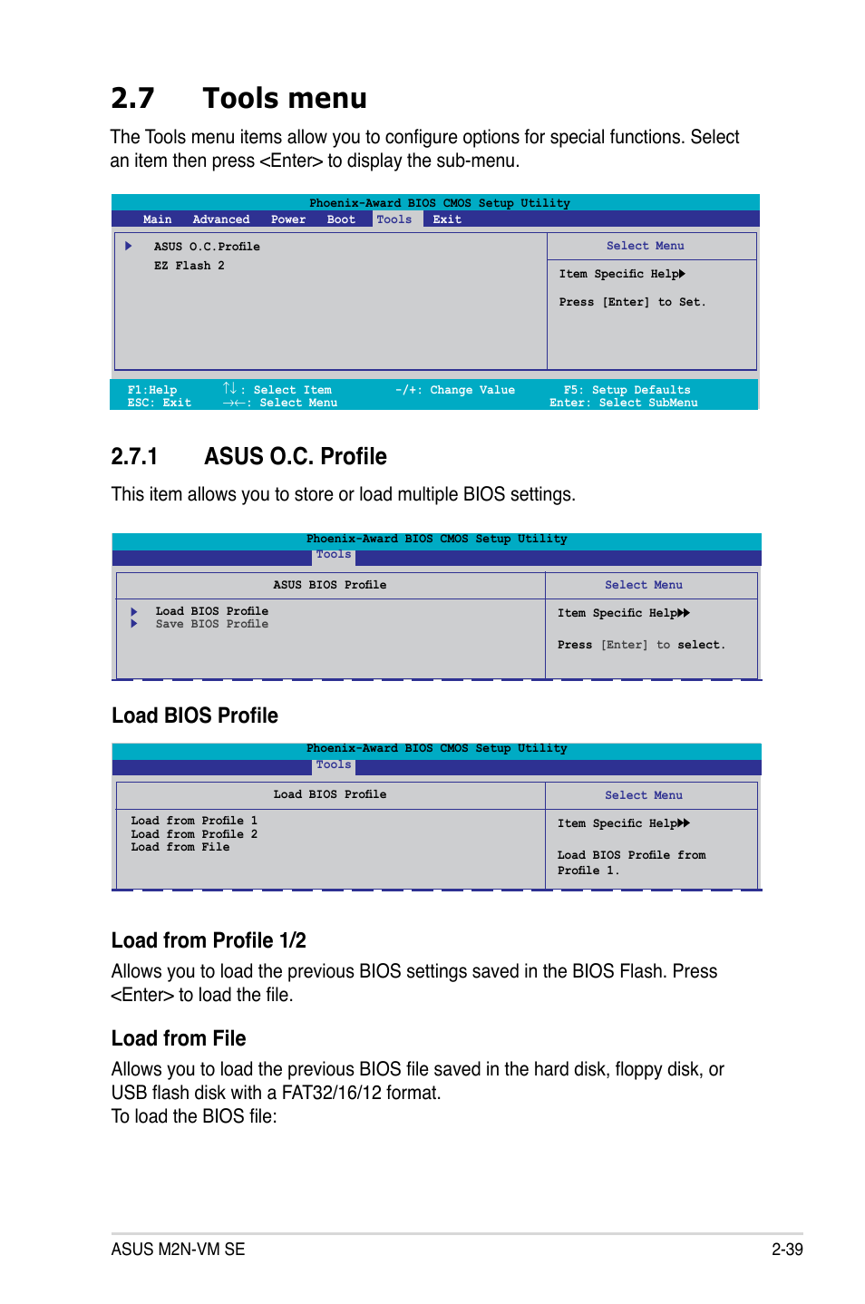 7 tools menu, 1 asus o.c. profile, Load bios profile load from profile 1/2 | Load.from.file | Asus M2N-VM SE User Manual | Page 87 / 102