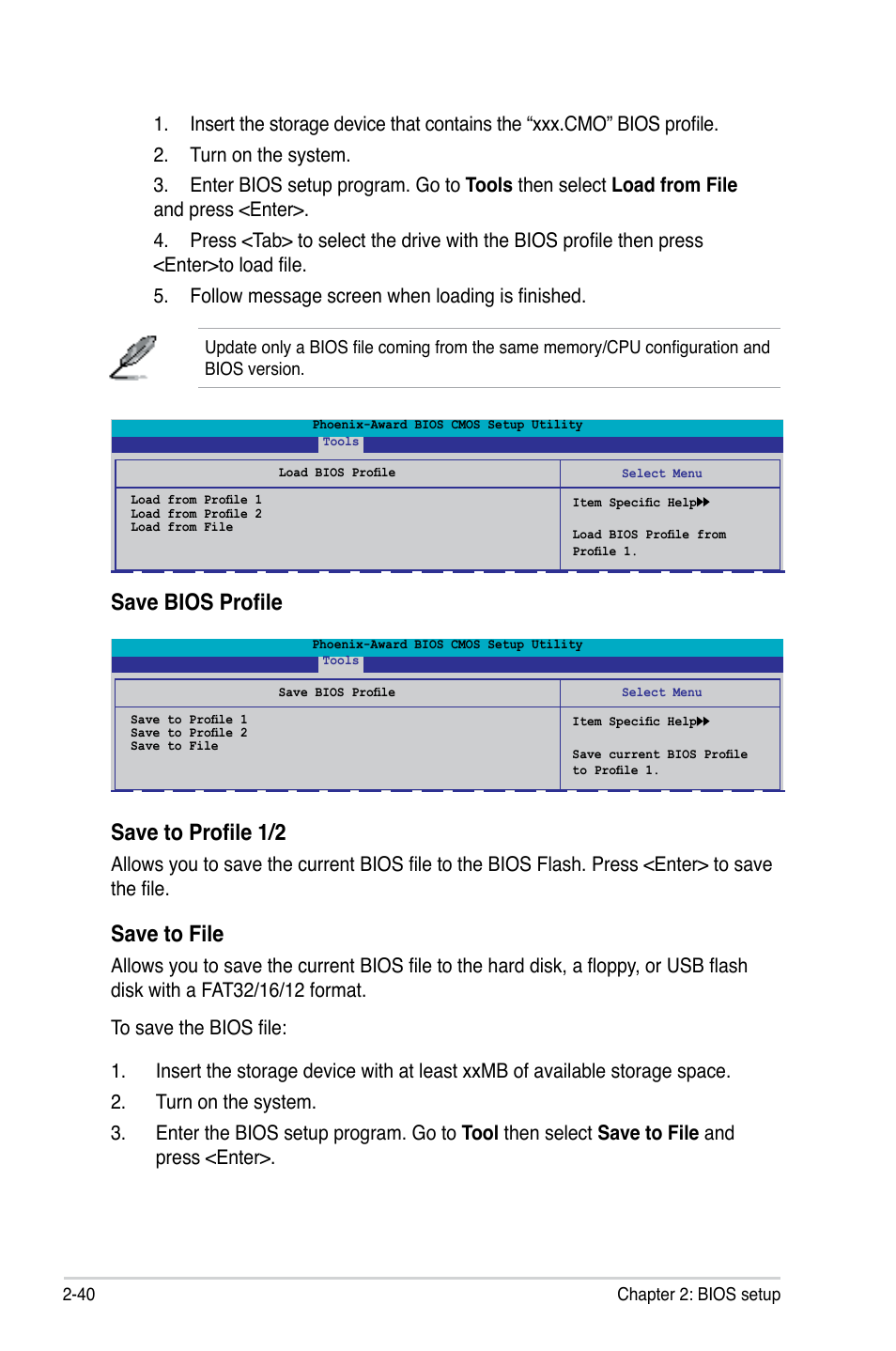 Save bios profile save to profile 1/2, Save.to.file | Asus M2N-VM SE User Manual | Page 88 / 102