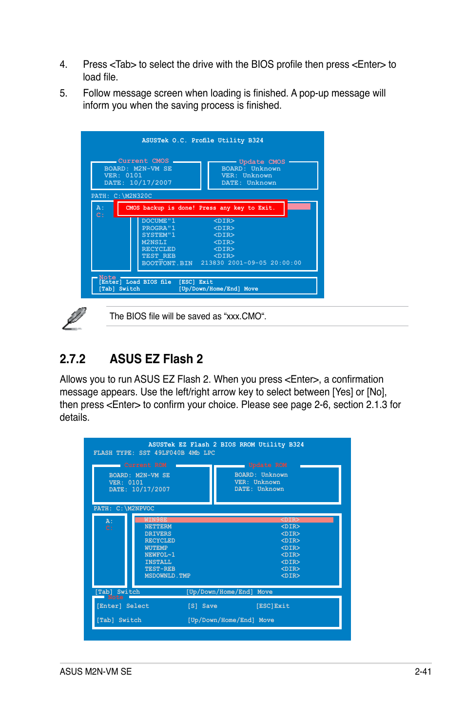 Asus.ez.flash.2, Asus m2n-vm se 2-41, The bios file will be saved as “xxx.cmo | Asus M2N-VM SE User Manual | Page 89 / 102