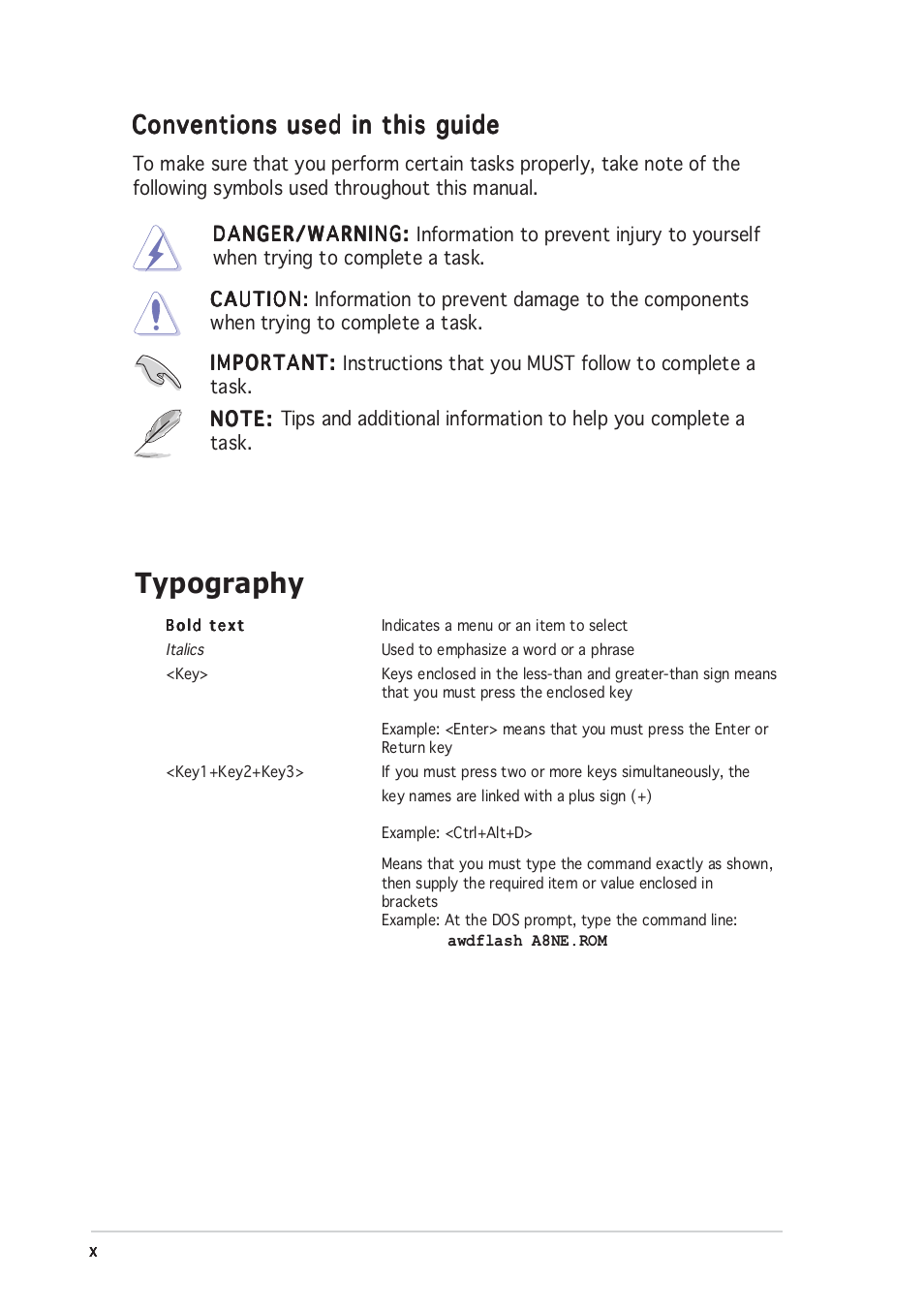 Typography, Conventions used in this guide | Asus A8N-E User Manual | Page 10 / 120