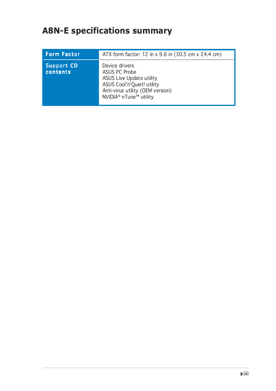 A8n-e specifications summary | Asus A8N-E User Manual | Page 13 / 120