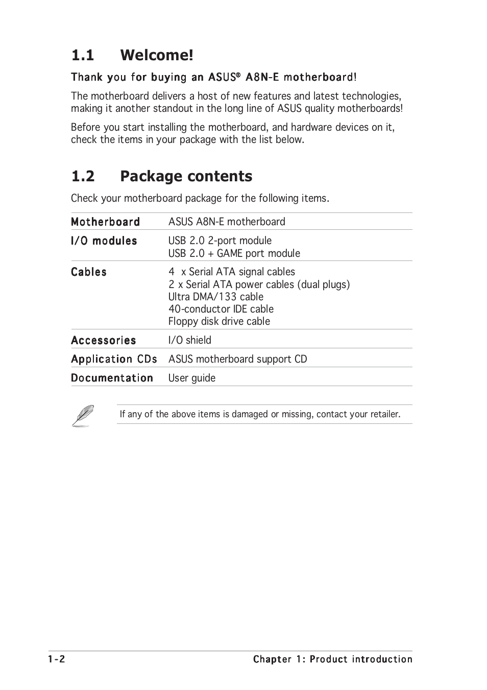 1 welcome, 2 package contents | Asus A8N-E User Manual | Page 16 / 120
