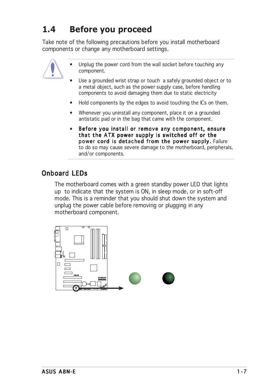 4 before you proceed, Onboard leds | Asus A8N-E User Manual | Page 21 / 120