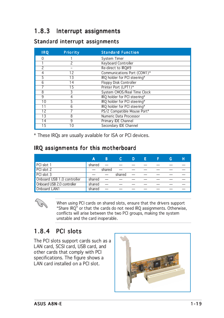 Standard interrupt assignments, Irq assignments for this motherboard | Asus A8N-E User Manual | Page 33 / 120