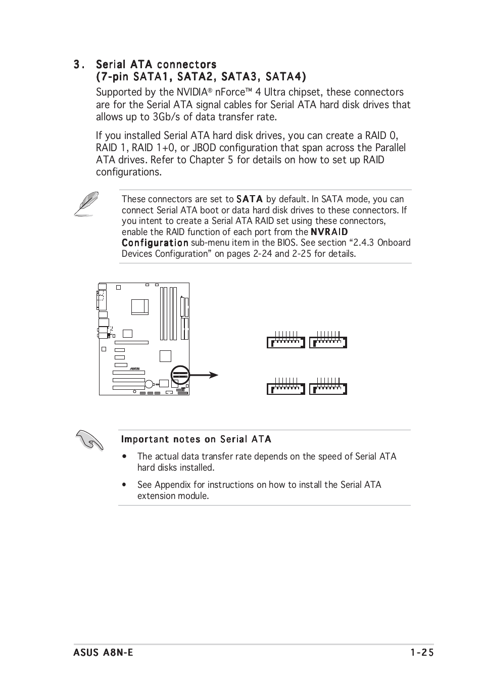 A8n-e sata connectors sata1 sata2, Sata3 sata4 | Asus A8N-E User Manual | Page 39 / 120