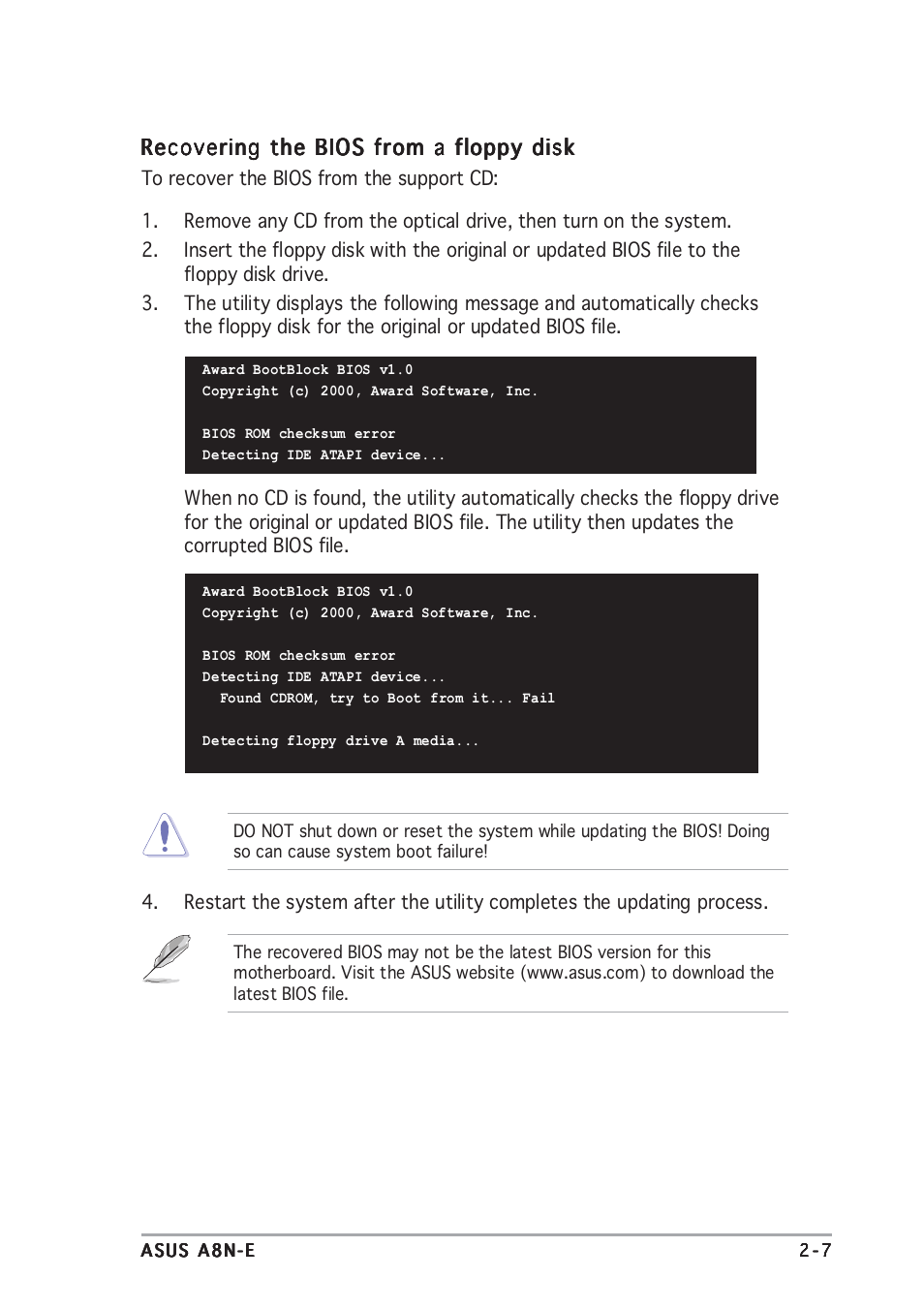 Recovering the bios from a floppy disk | Asus A8N-E User Manual | Page 53 / 120