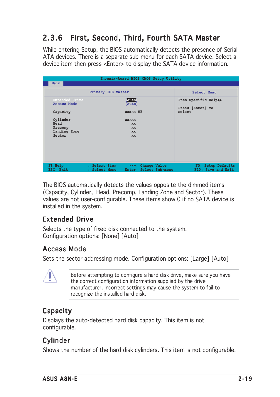 Extended drive, Access mode, Capacity | Cylinder | Asus A8N-E User Manual | Page 65 / 120