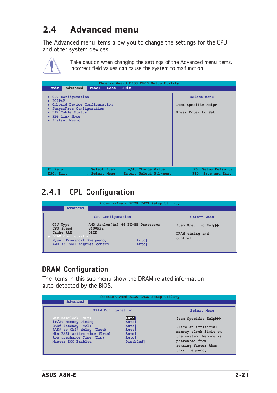 4 advanced menu, Dram configuration | Asus A8N-E User Manual | Page 67 / 120