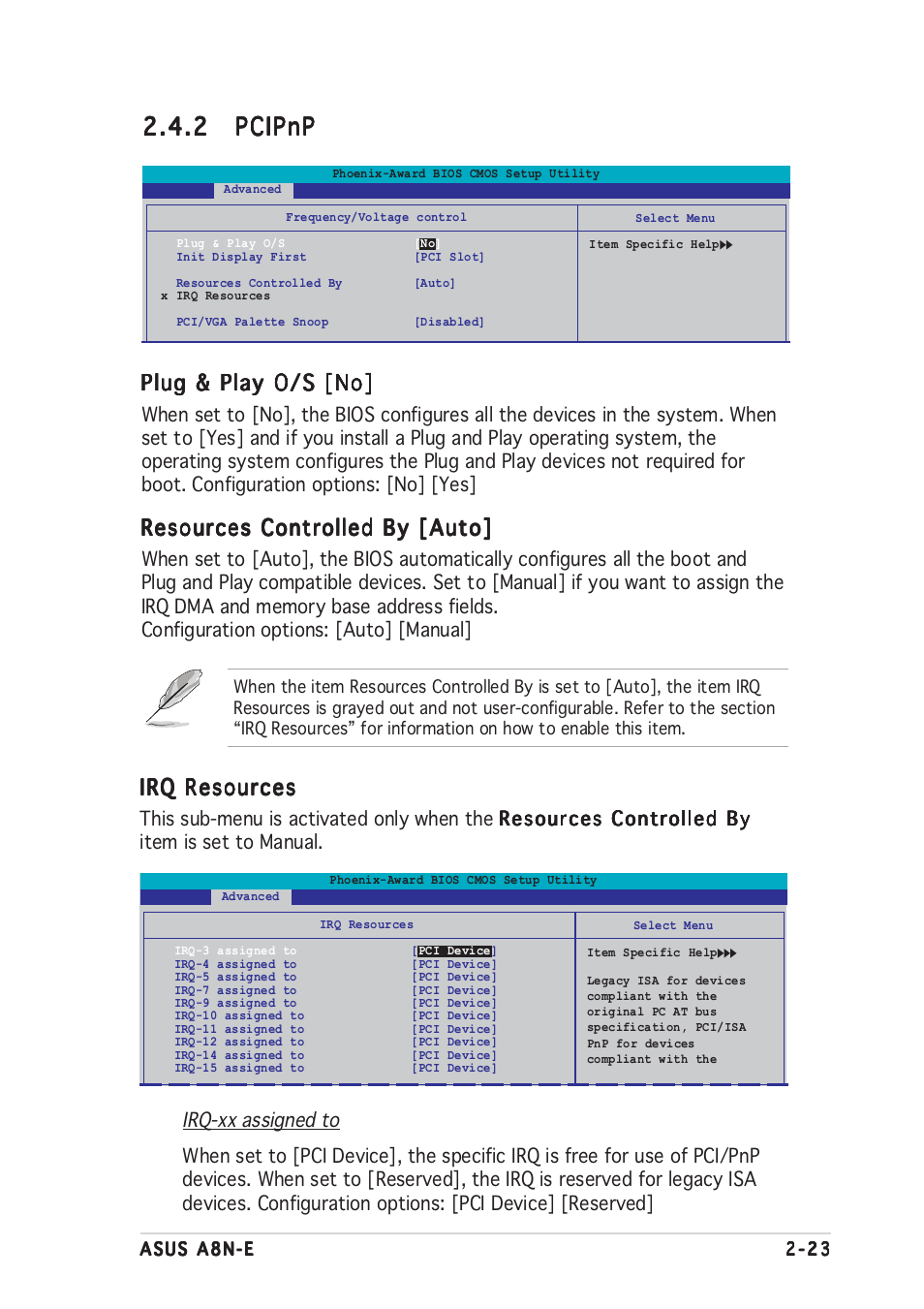 2 pcipnp pcipnp pcipnp pcipnp pcipnp, Plug & play o/s [no, Resources controlled by [auto | Irq resources | Asus A8N-E User Manual | Page 69 / 120