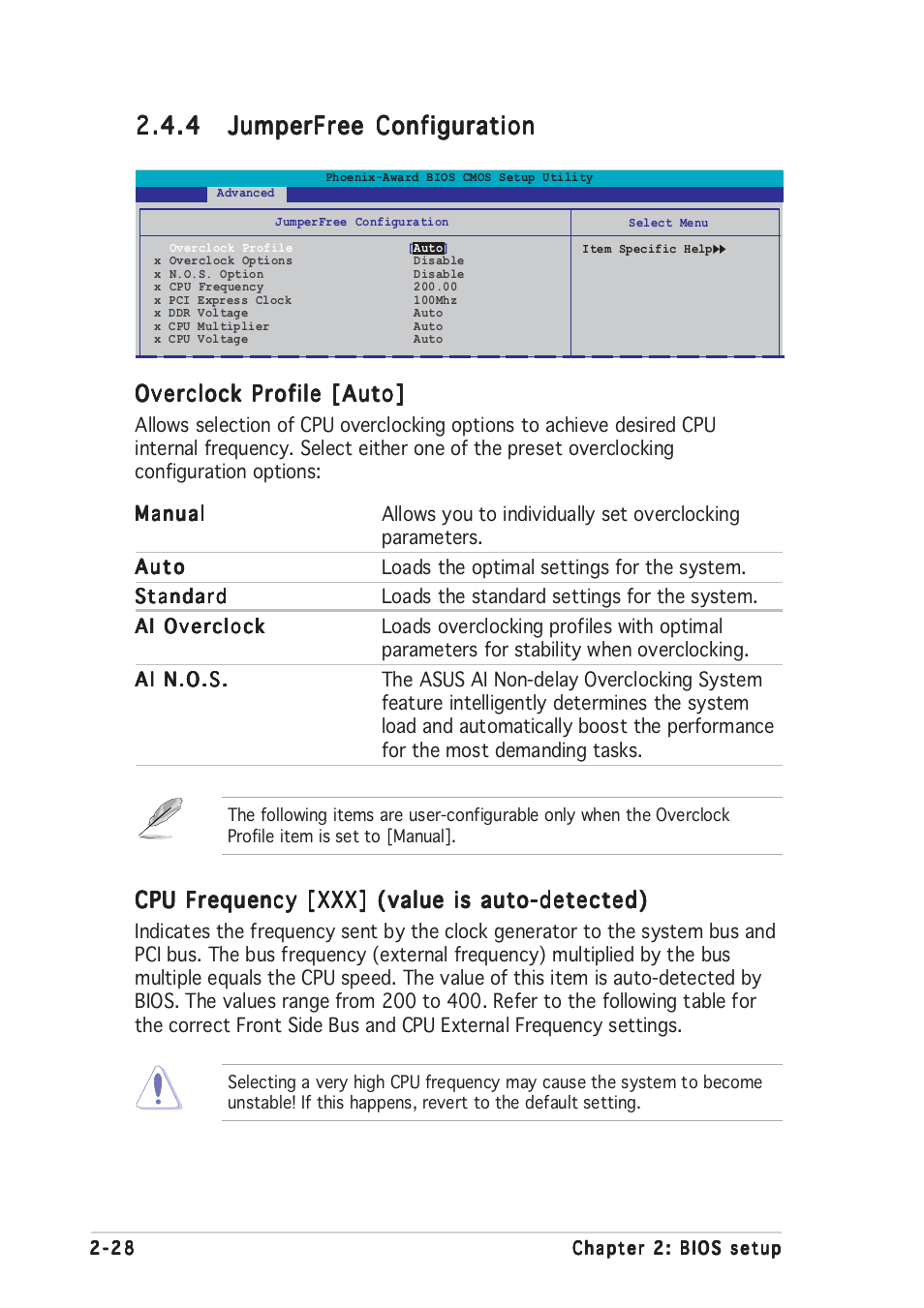 Overclock profile [auto, Cpu frequency [xxx] (value is auto-detected) | Asus A8N-E User Manual | Page 74 / 120