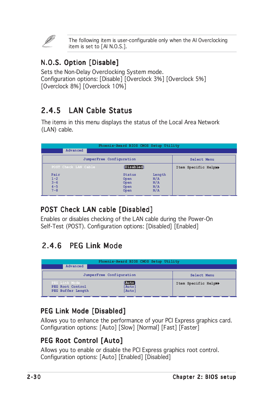 N.o.s. option [disable, Post check lan cable [disabled, Peg link mode [disabled | Peg root control [auto | Asus A8N-E User Manual | Page 76 / 120