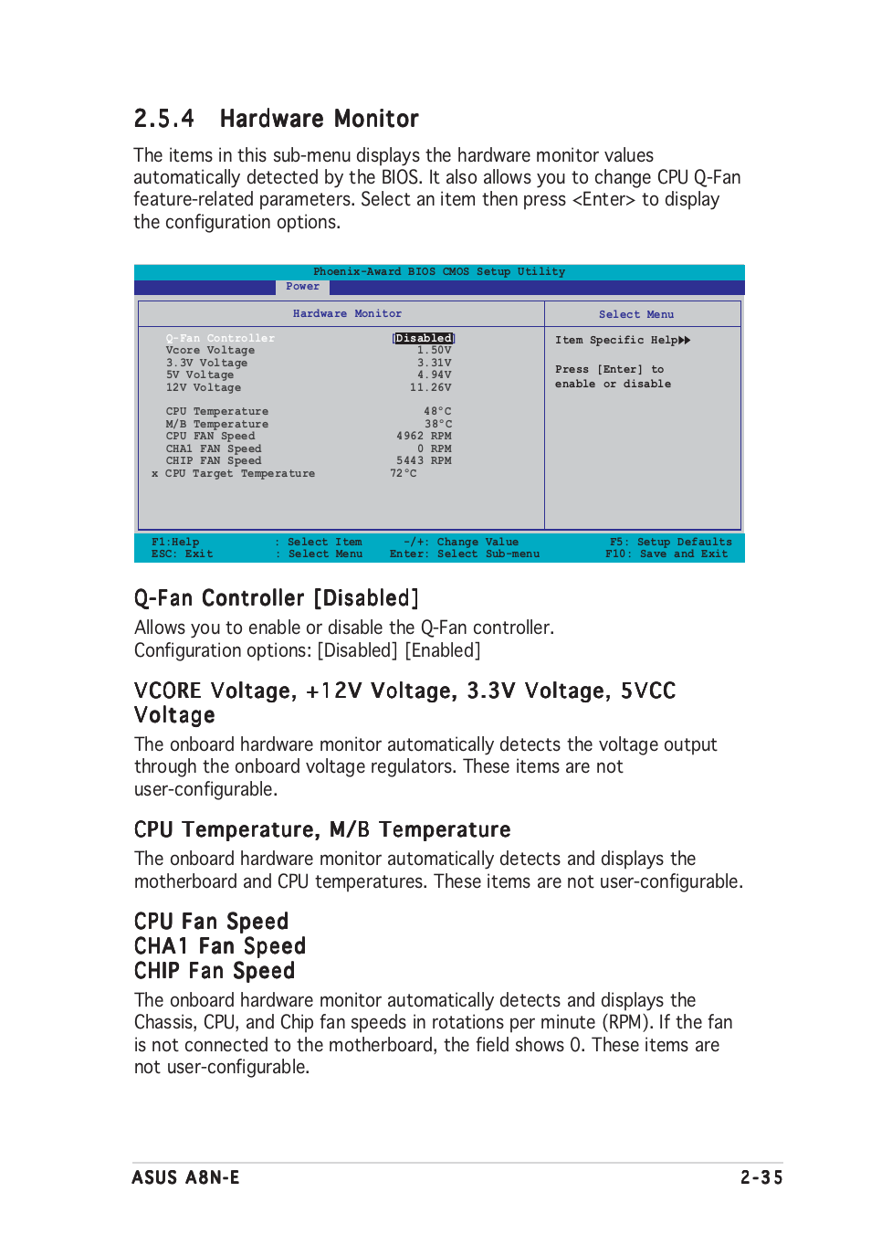 Q-fan controller [disabled, Cpu temperature, m/b temperature, Cpu fan speed | Asus A8N-E User Manual | Page 81 / 120