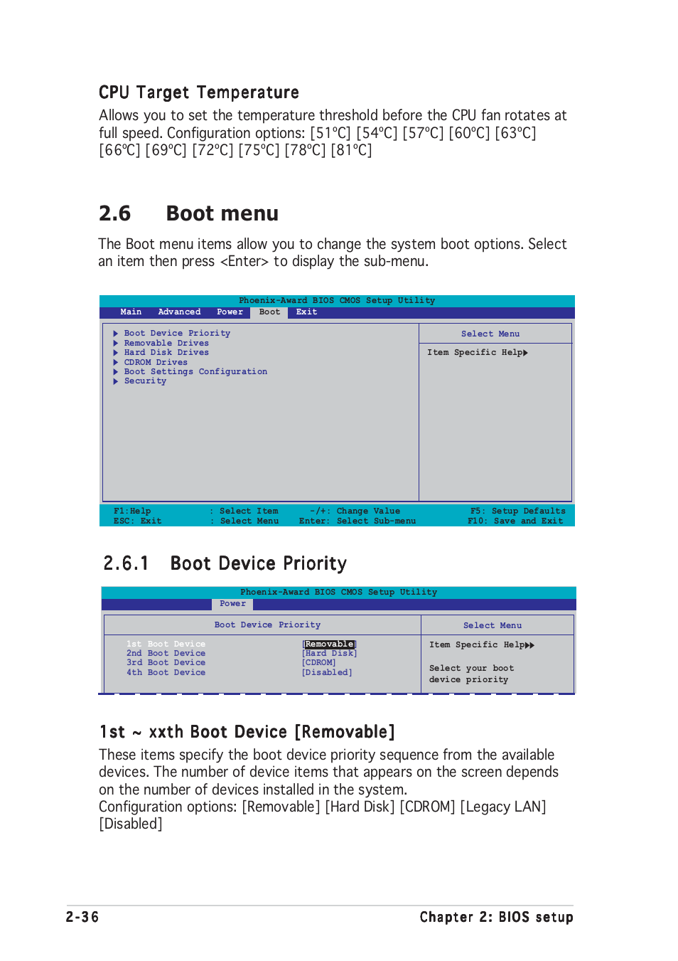 6 boot menu, 1st ~ xxth boot device [removable, Cpu target temperature | Asus A8N-E User Manual | Page 82 / 120