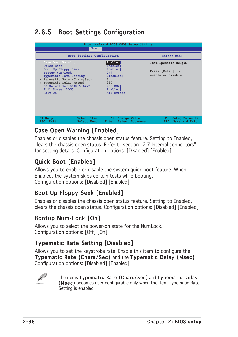 Case open warning [enabled, Quick boot [enabled, Boot up floppy seek [enabled | Bootup num-lock [on, Typematic rate setting [disabled | Asus A8N-E User Manual | Page 84 / 120