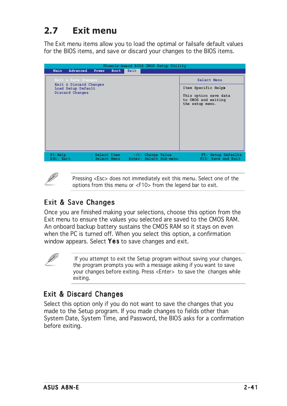 7 exit menu, Exit & save changes, Exit & discard changes | Asus A8N-E User Manual | Page 87 / 120