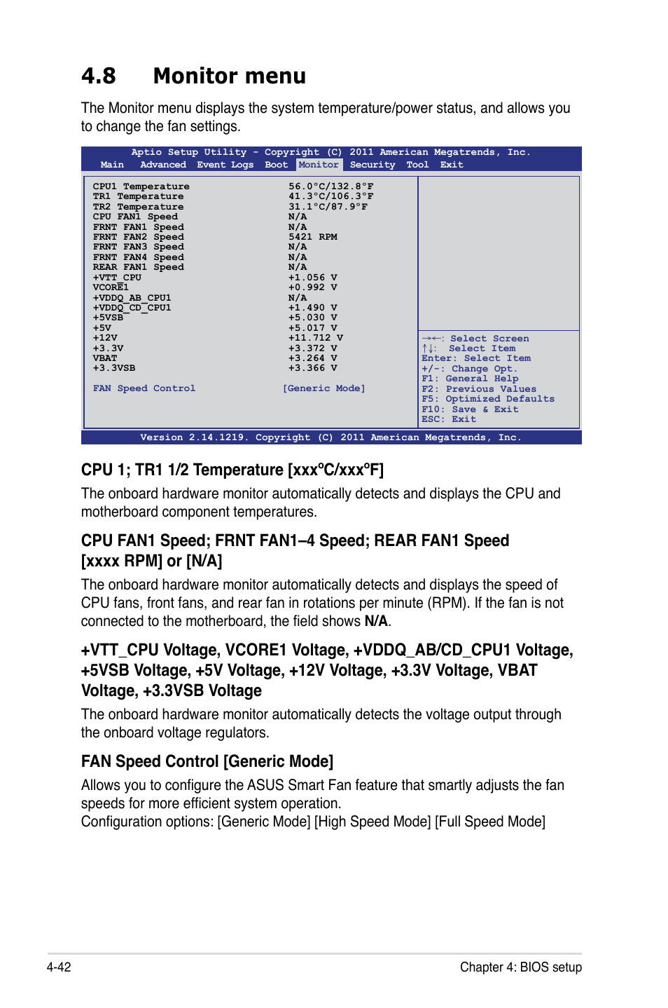 8 monitor menu, Monitor menu -42, Cpu 1; tr1 1/2 temperature [xxxºc/xxxºf | Fan speed control [generic mode | Asus Z9PA-U8 User Manual | Page 104 / 188