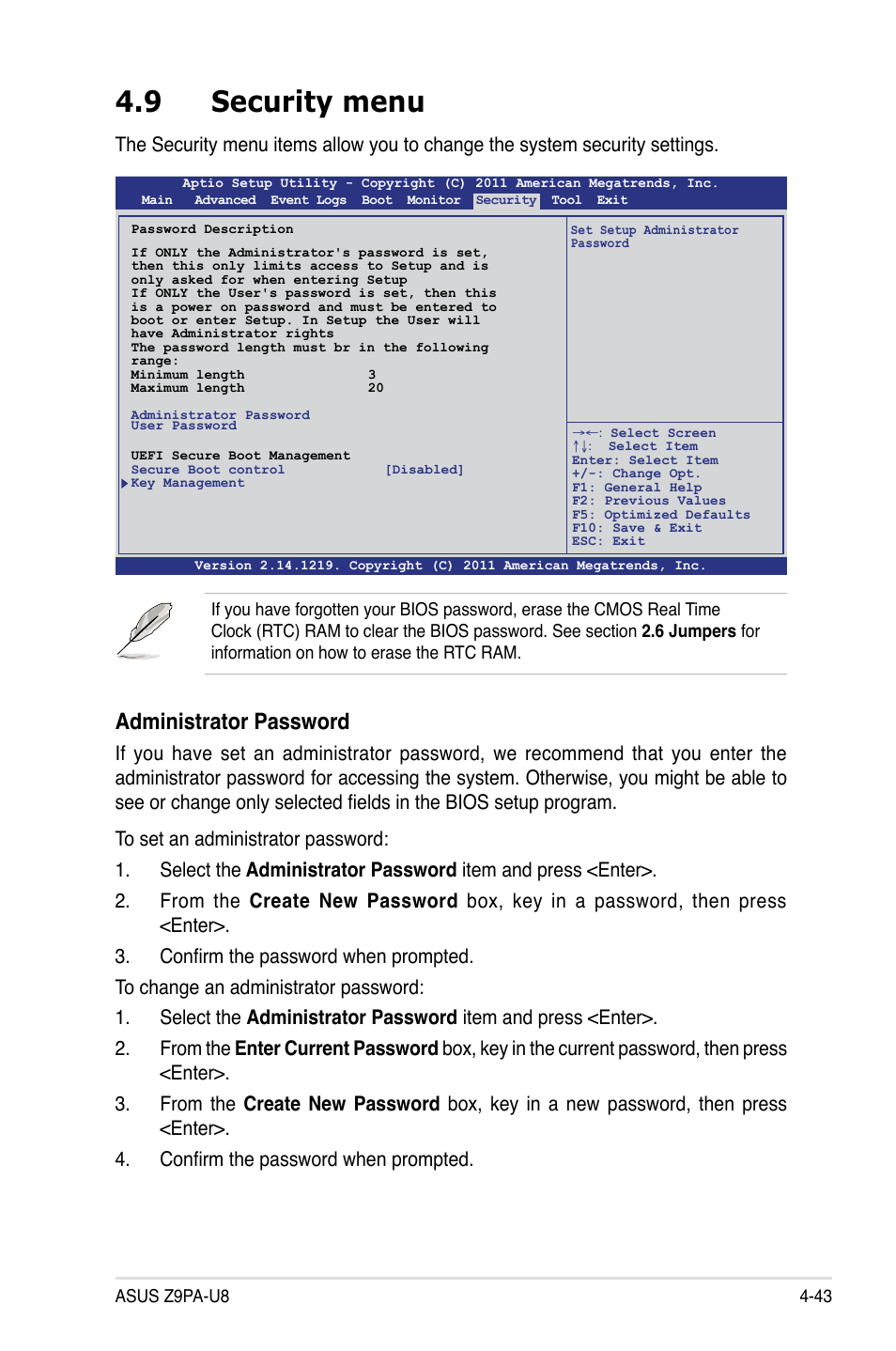 9 security menu, Security menu -43, Administrator password | Asus Z9PA-U8 User Manual | Page 105 / 188