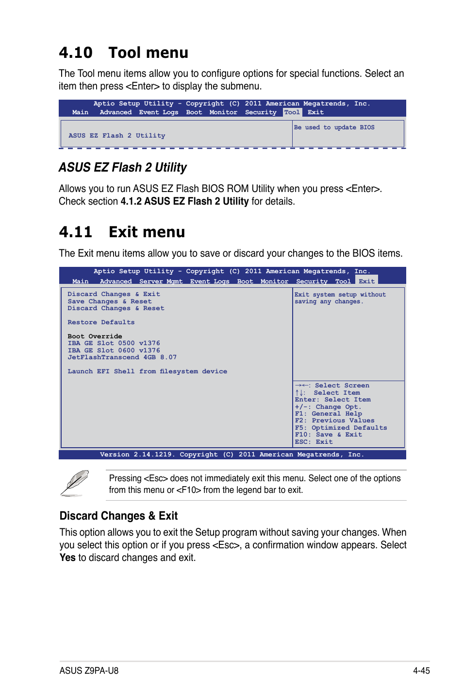 10 tool menu, 11 exit menu, 10 tool menu -45 4.11 exit menu -45 | Asus ez flash 2 utility, Discard changes & exit | Asus Z9PA-U8 User Manual | Page 107 / 188