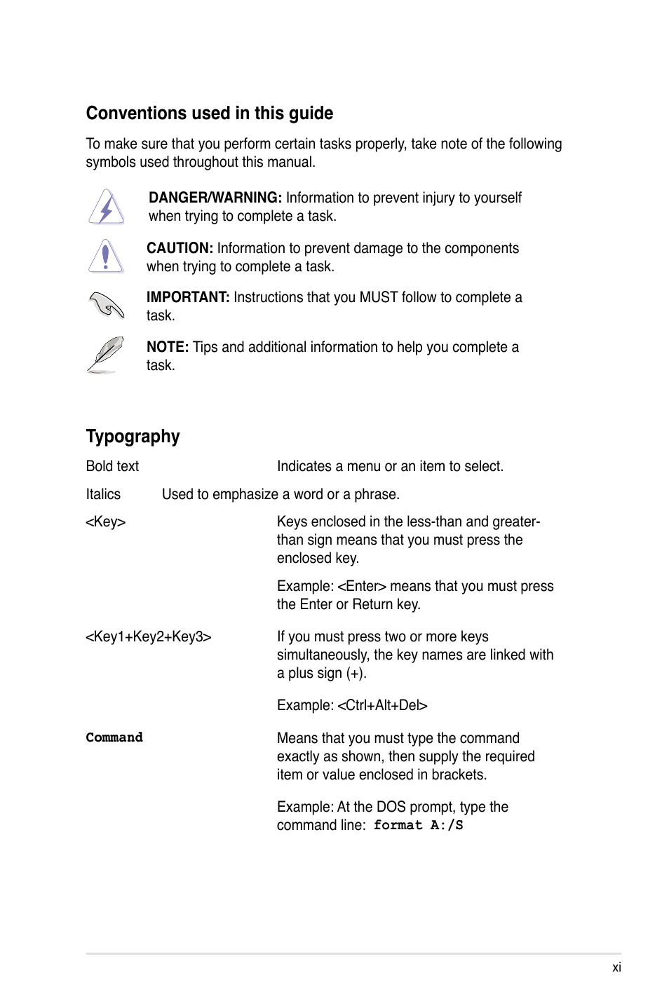 Conventions used in this guide, Typography | Asus Z9PA-U8 User Manual | Page 11 / 188