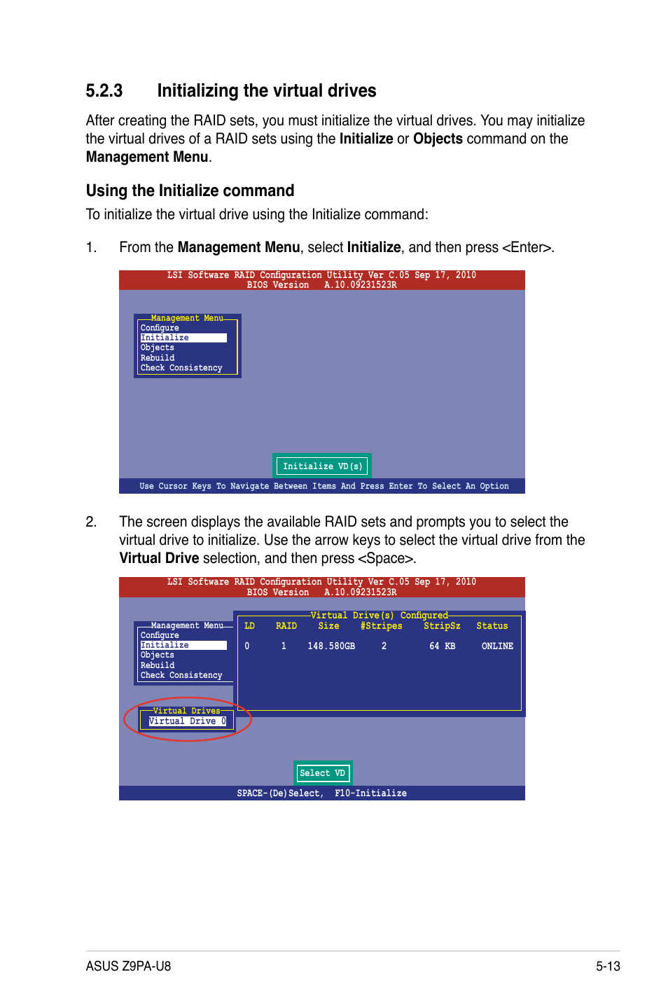 3 initializing the virtual drives, Initializing the virtual drives -13, Using the initialize command | Asus Z9PA-U8 User Manual | Page 121 / 188