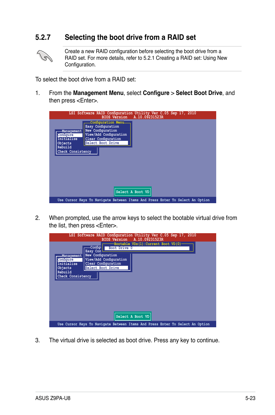 7 selecting the boot drive from a raid set, Selecting the boot drive from a raid set -23 | Asus Z9PA-U8 User Manual | Page 131 / 188