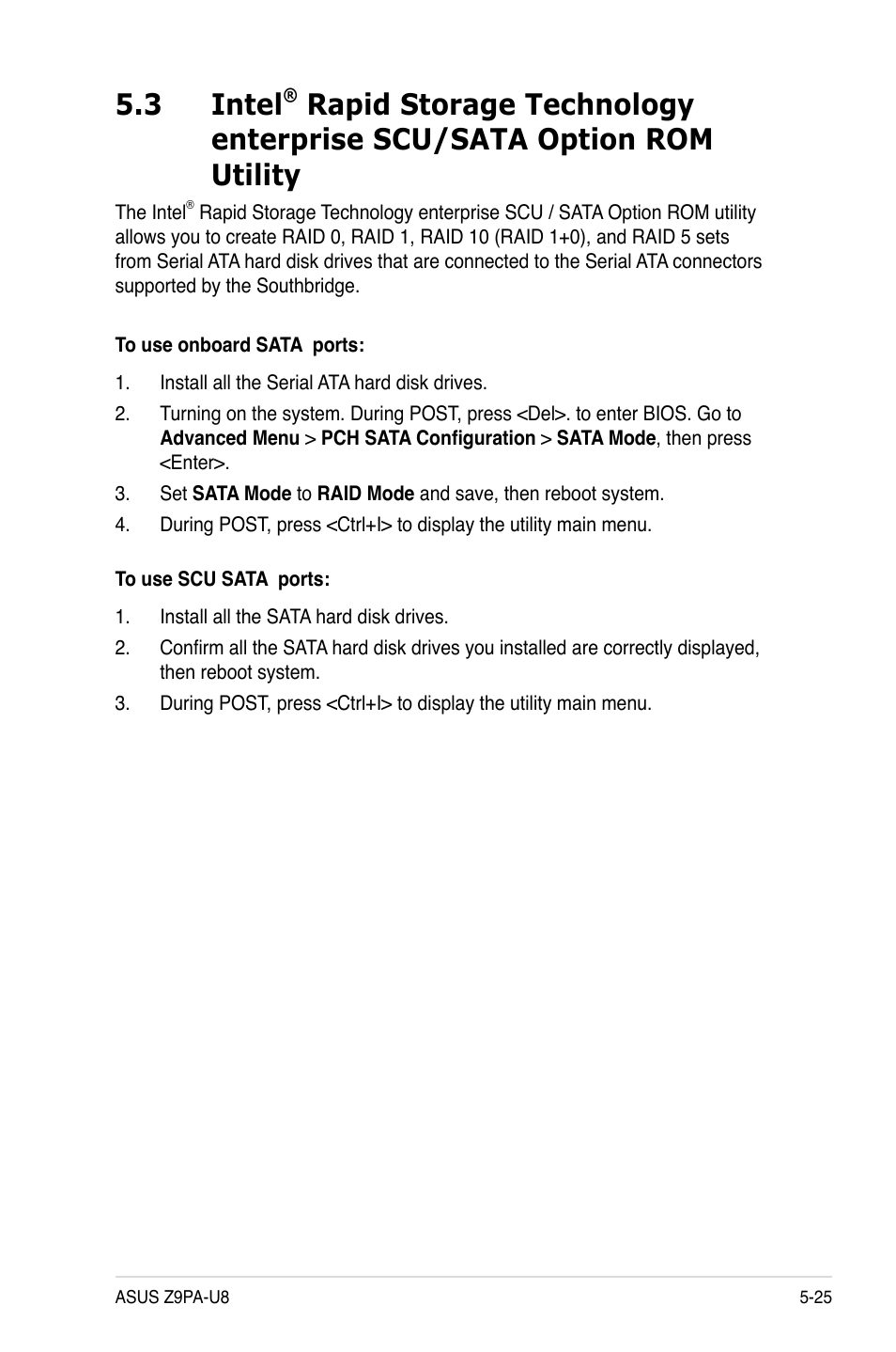 Intel, Rom utility -25, Rapid storage technology enterprise scu/sata | Option rom utility -25, 3 intel | Asus Z9PA-U8 User Manual | Page 133 / 188