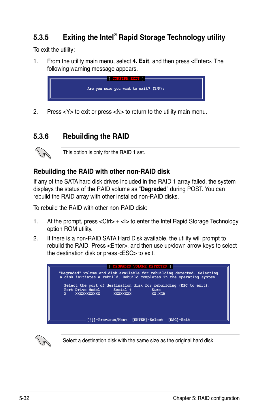 6 rebuilding the raid, Exiting the intel, Rapid storage technology utility -32 | Rebuilding the raid -32, 5 exiting the intel, Rapid storage technology utility, Rebuilding the raid with other non-raid disk | Asus Z9PA-U8 User Manual | Page 140 / 188