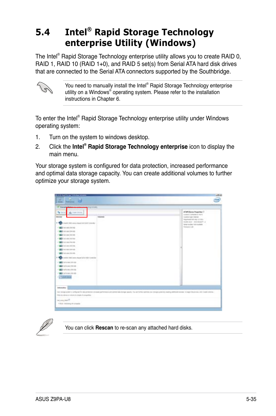 Intel, Rapid storage technology enterprise utility, Windows) -35 | 4 intel | Asus Z9PA-U8 User Manual | Page 143 / 188