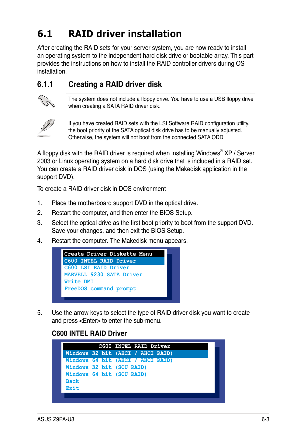 1 raid driver installation, 1 creating a raid driver disk, Raid driver installation -3 6.1.1 | Creating a raid driver disk -3, Raid driver installation -3 | Asus Z9PA-U8 User Manual | Page 151 / 188