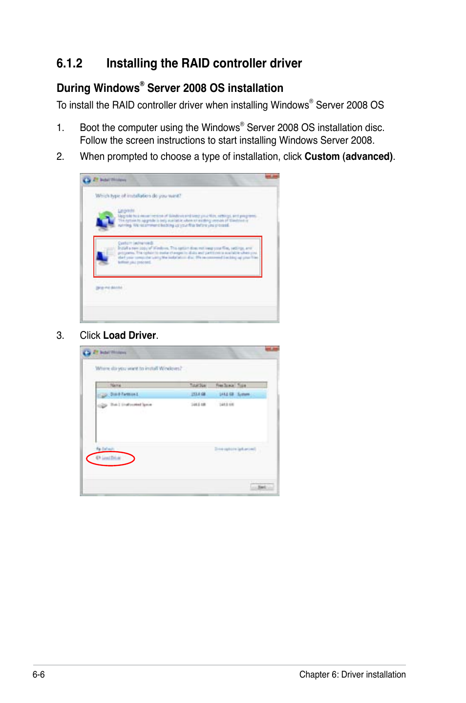 2 installing the raid controller driver, Installing the raid controller driver -6, During windows | Server 2008 os installation | Asus Z9PA-U8 User Manual | Page 154 / 188