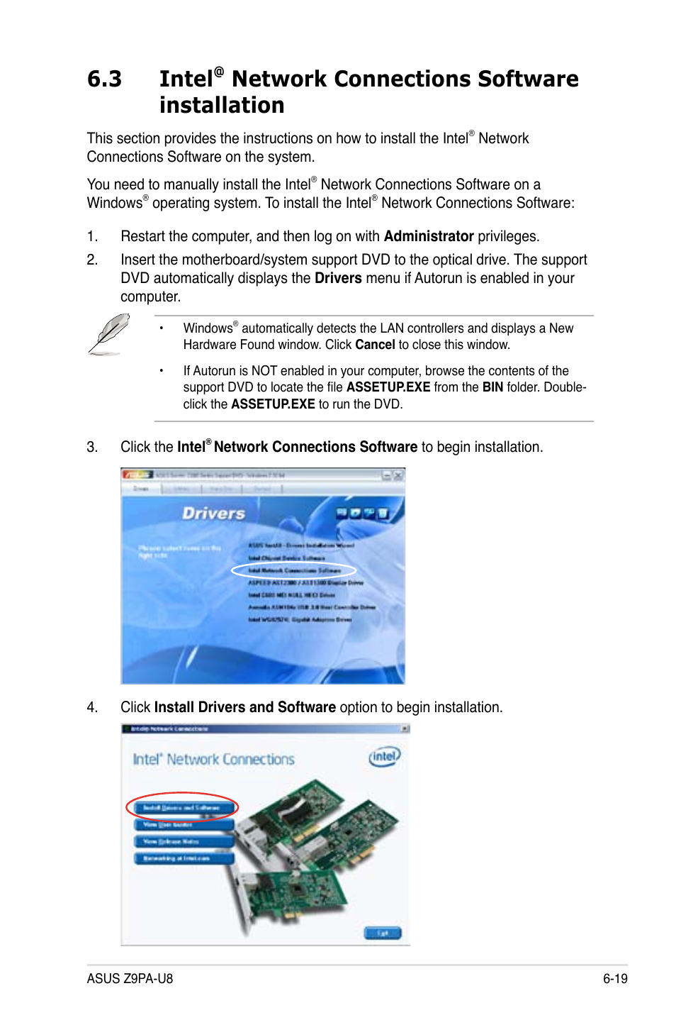 Intel, Network connections software installation -19, 3 intel | Network connections software installation | Asus Z9PA-U8 User Manual | Page 167 / 188