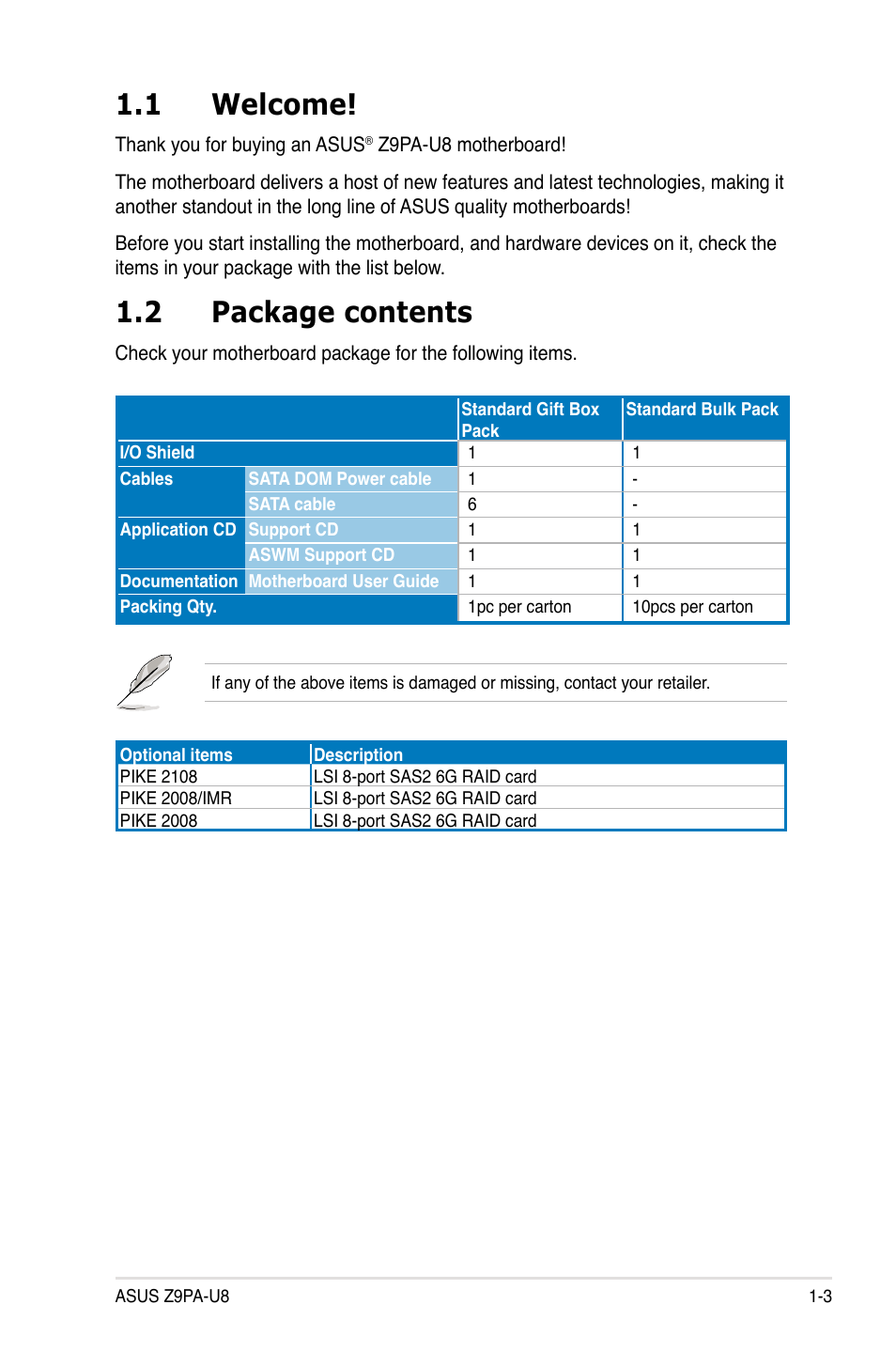 1 welcome, 2 package contents, Welcome! -3 | Package contents -3 | Asus Z9PA-U8 User Manual | Page 17 / 188