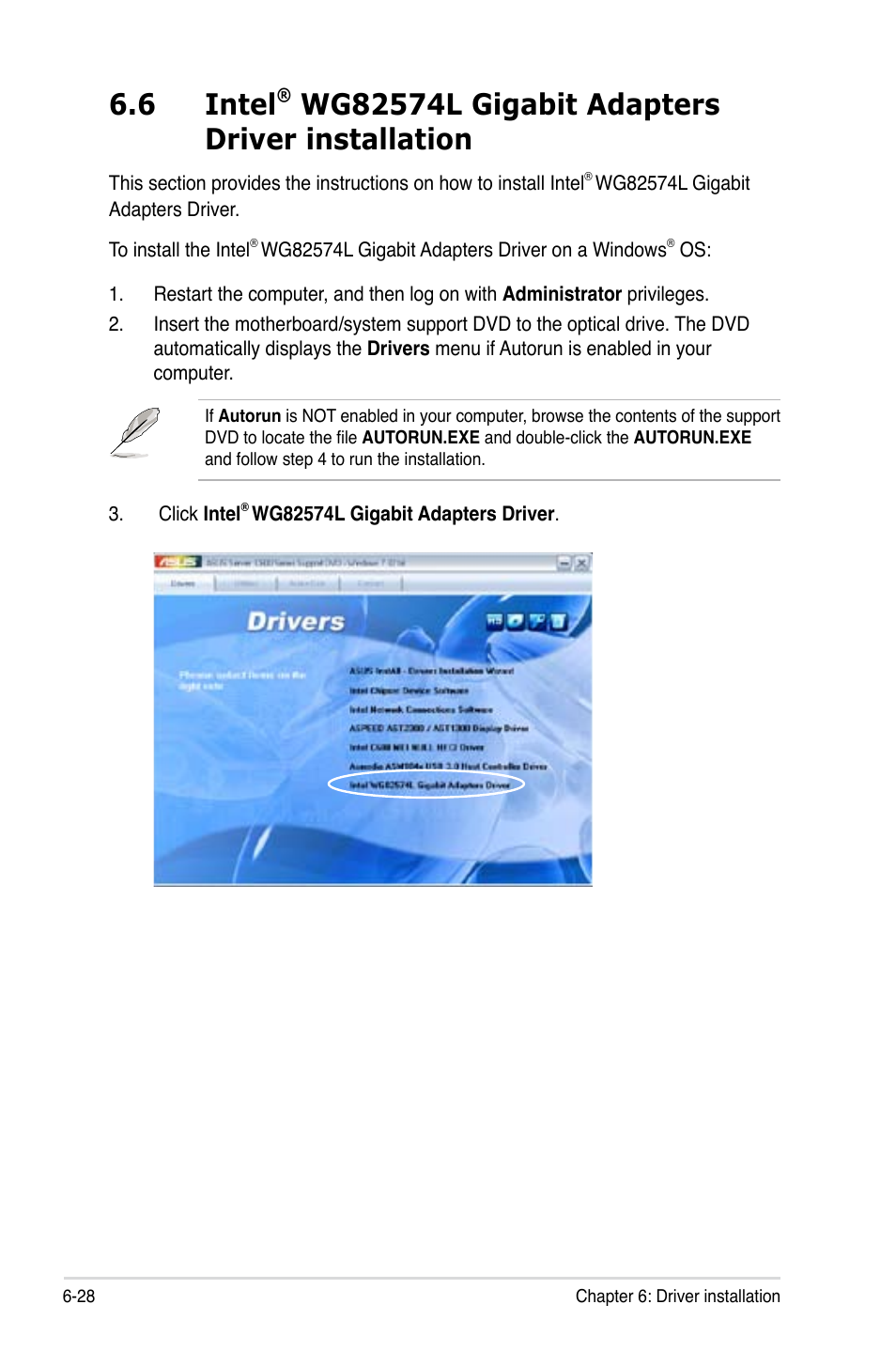 Intel, Wg82574l gigabit adapters driver installation -28, 6 intel | Asus Z9PA-U8 User Manual | Page 176 / 188