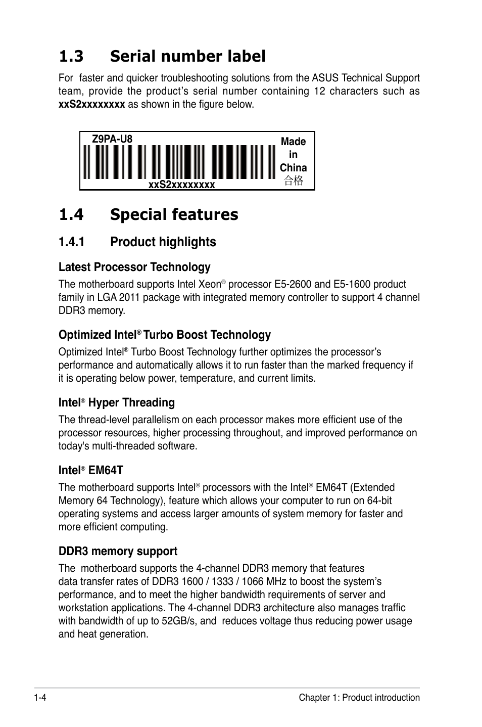 3 serial number label, 4 special features, 1 product highlights | Serial number label -4, Special features -4 1.4.1, Product highlights -4 | Asus Z9PA-U8 User Manual | Page 18 / 188