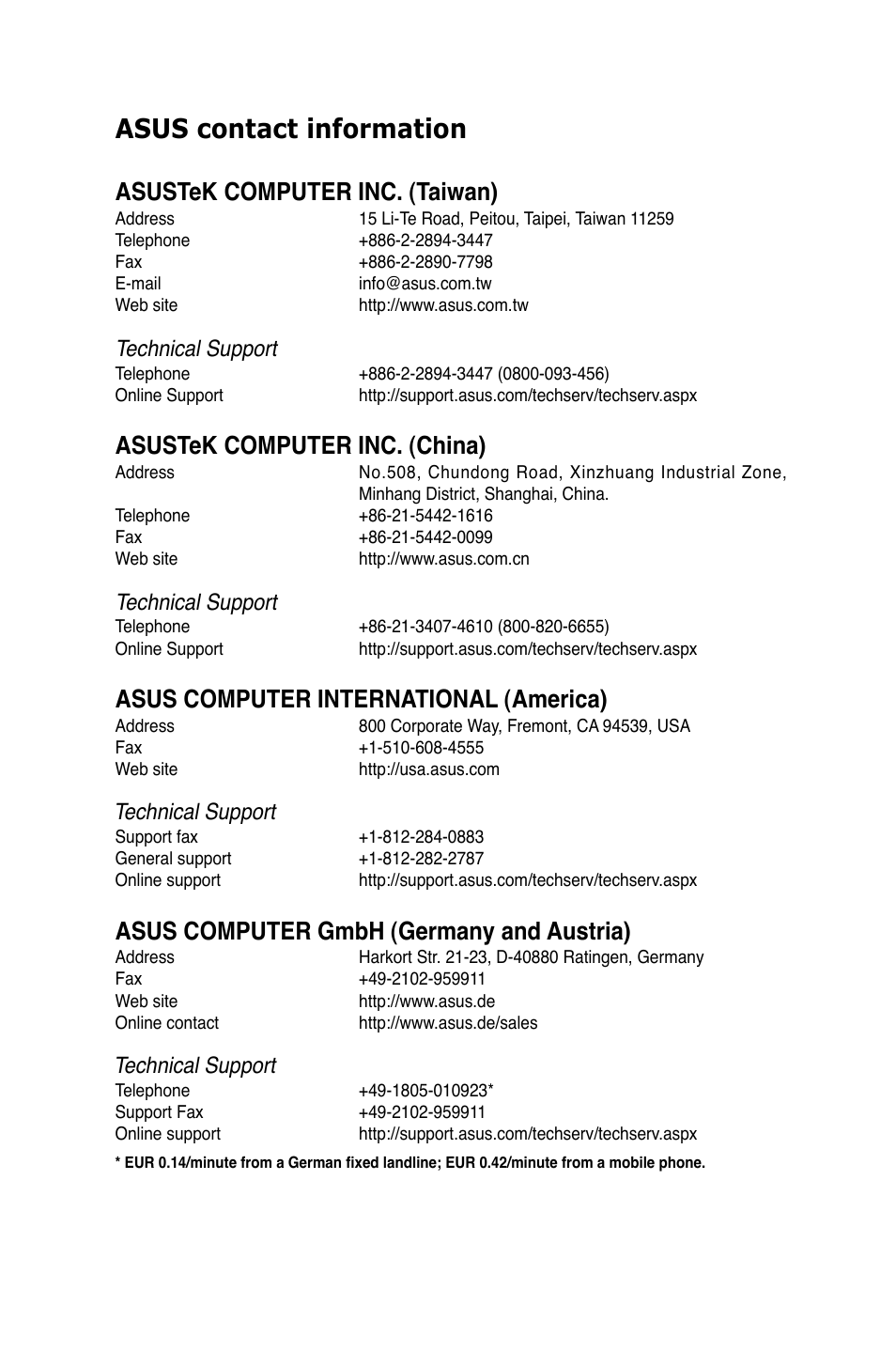 Asus contact information, Asustek computer inc. (taiwan), Asustek computer inc. (china) | Asus computer international (america), Asus computer gmbh (germany and austria), Technical support | Asus Z9PA-U8 User Manual | Page 187 / 188