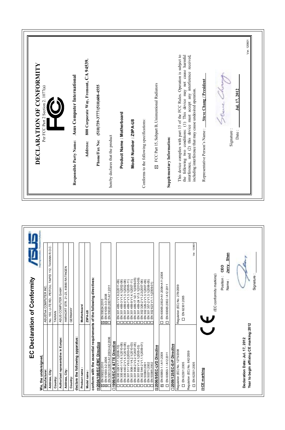 Declaration of conformity, Ec declaration of conformity, Asu s c om pu te r in te rn at io na l | Asus Z9PA-U8 User Manual | Page 188 / 188