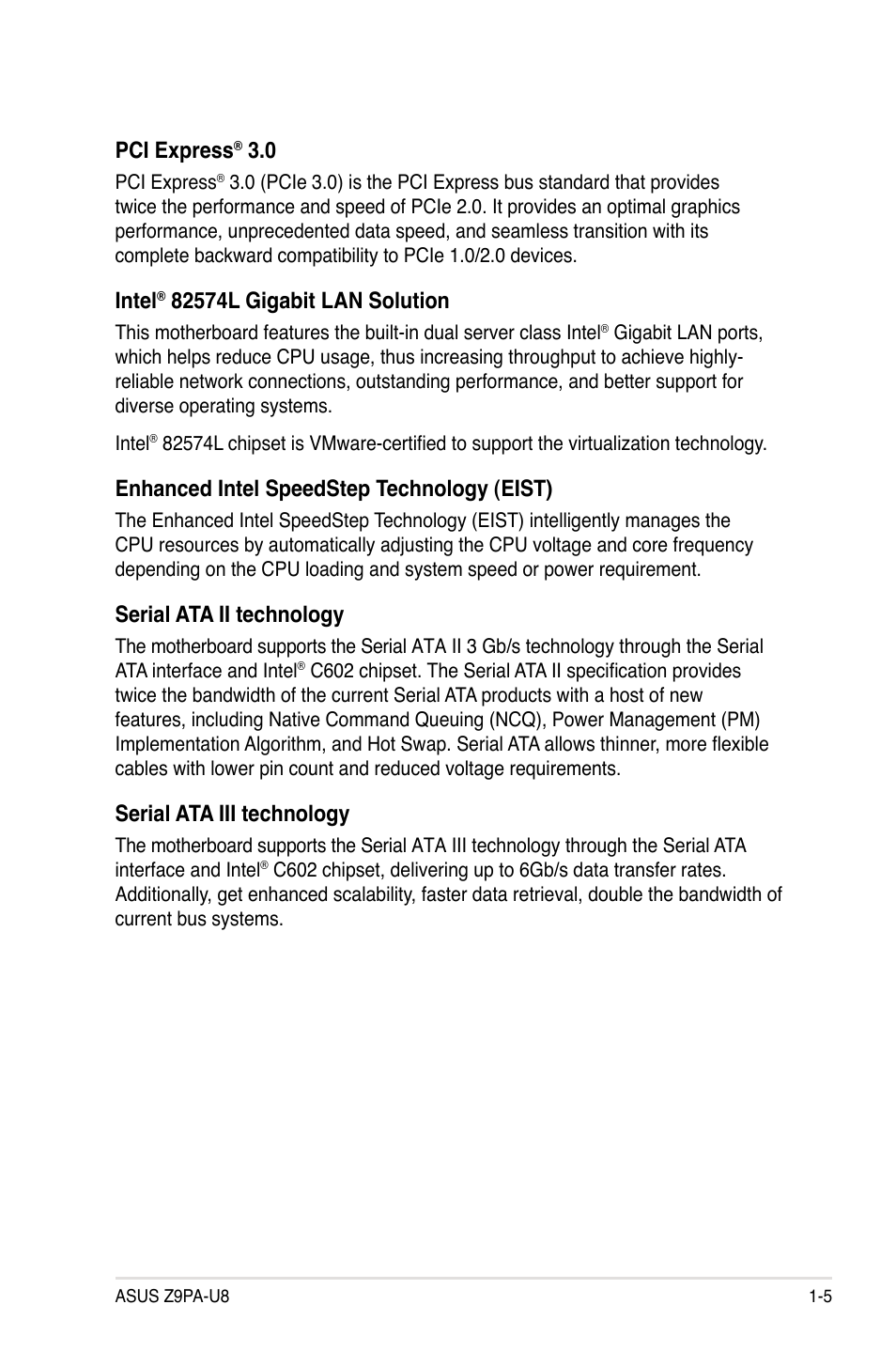 Pci express, Intel, Enhanced intel speedstep technology (eist) | Serial ata ii technology, Serial ata iii technology | Asus Z9PA-U8 User Manual | Page 19 / 188