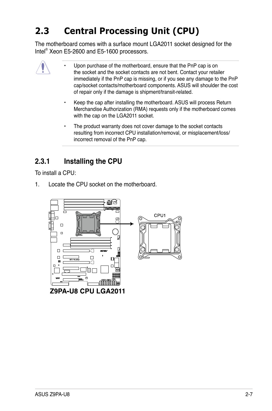 3 central processing unit (cpu), 1 installing the cpu, Central processing unit (cpu) -7 2.3.1 | Installing the cpu -7, Central processing unit (cpu) -2-7 | Asus Z9PA-U8 User Manual | Page 27 / 188