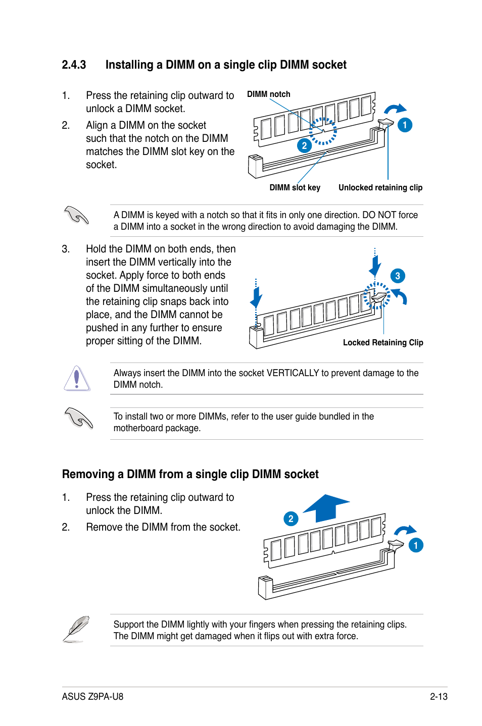 3 installing a dimm on a single clip dimm socket, Removing a dimm from a single clip dimm socket | Asus Z9PA-U8 User Manual | Page 33 / 188