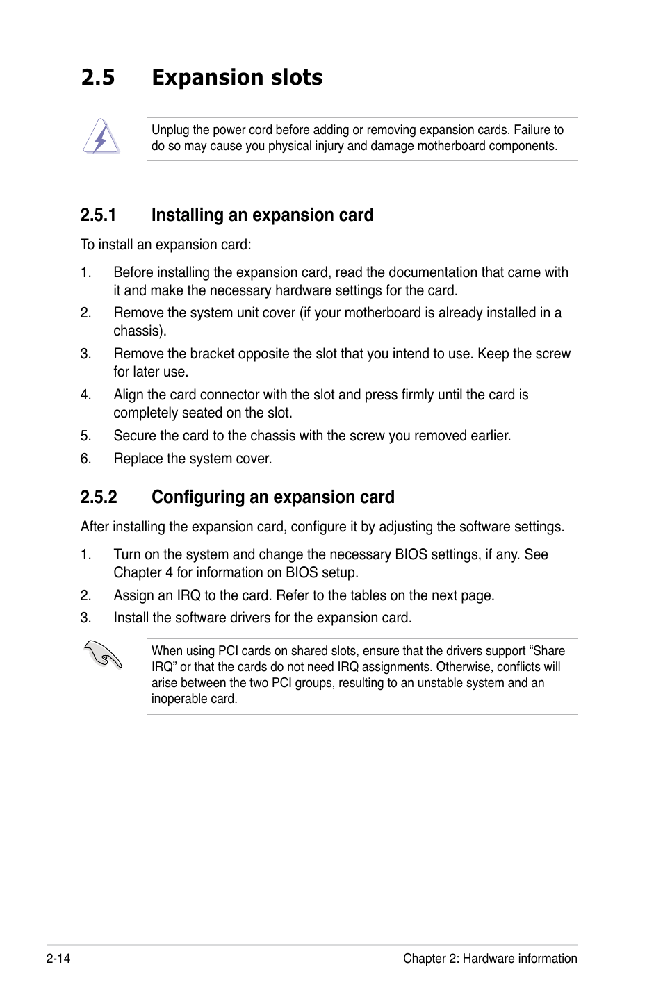 5 expansion slots, 1 installing an expansion card, 2 configuring an expansion card | Expansion slots -14 2.5.1, Installing an expansion card -14, Configuring an expansion card -14, Expansion slots -2-14 | Asus Z9PA-U8 User Manual | Page 34 / 188