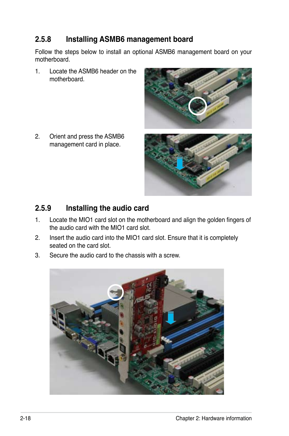 8 installing asmb6 management board, 9 installing the audio card, Installing asmb6 management board -18 | Installing the audio card -18 | Asus Z9PA-U8 User Manual | Page 38 / 188