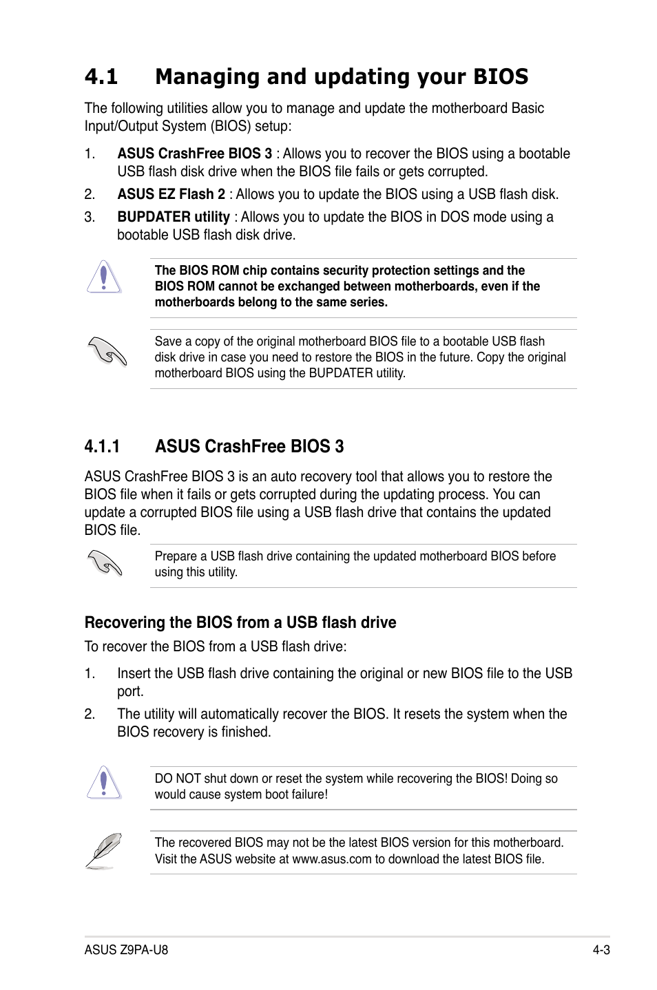 1 managing and updating your bios, 1 asus crashfree bios 3, Managing and updating your bios -3 4.1.1 | Asus crashfree bios 3 -3, Managing and updating your bios -3 | Asus Z9PA-U8 User Manual | Page 65 / 188